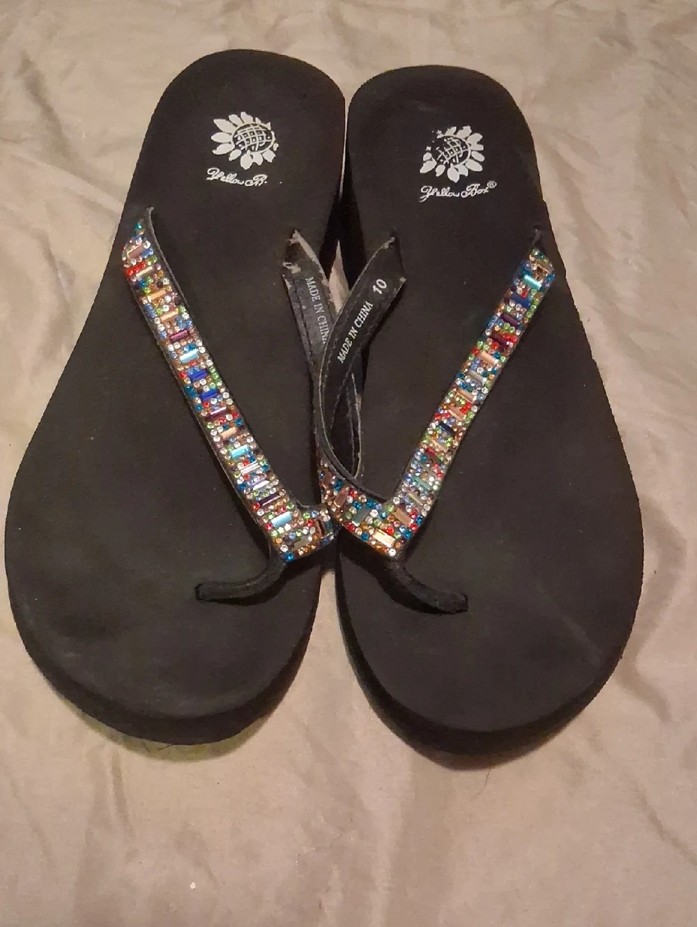 Yellow Box Black Wedge Sandals with Multicolor Beaded Straps - Picture 1 of 4